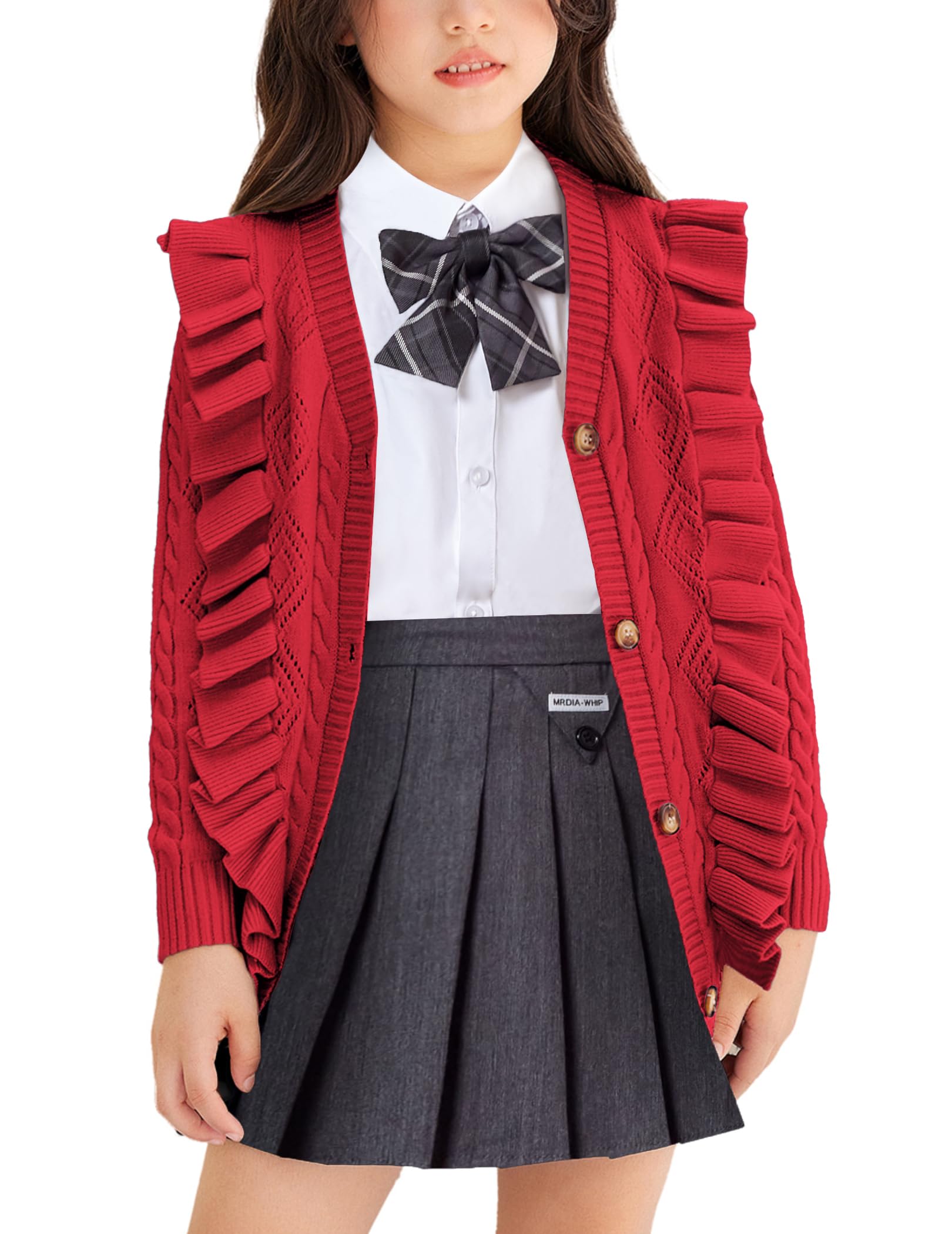 Arshiner Girls Cardigan Sweaters Ruffle School Uniform Sweater V Neck Button Front Outerwear 4-13 Years